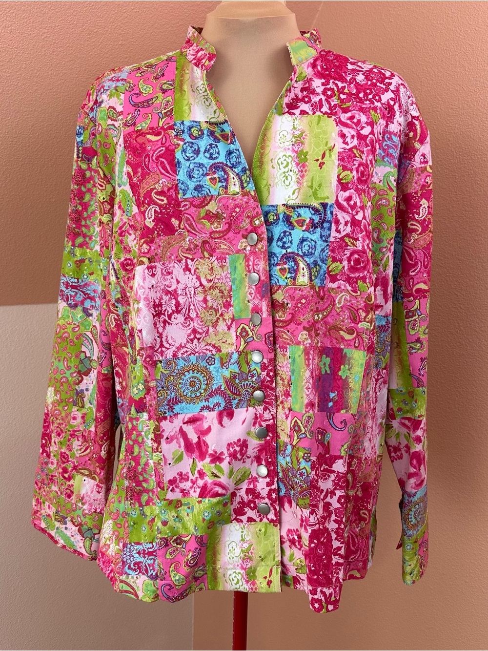 C.J. Banks Blazer Womens 3X Bright Patchwork Eyelet Snap Dopamine Clothing